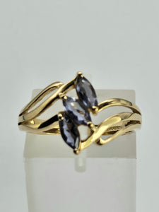 1265: Vintage: 9ct Gold Marquise Cut Blue Iolites Cocktail Ring- captivating design