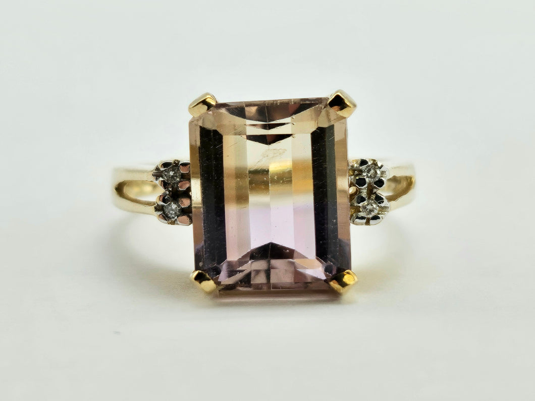 1329: Vintage: 9ct Gold Emerald Cut Ametrine Diamonds Cocktail Ring