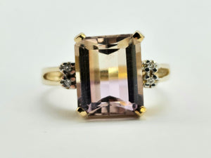 1329: Vintage: 9ct Gold Emerald Cut Ametrine Diamonds Cocktail Ring