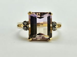 1329: Vintage: 9ct Gold Emerald Cut Ametrine Diamonds Cocktail Ring