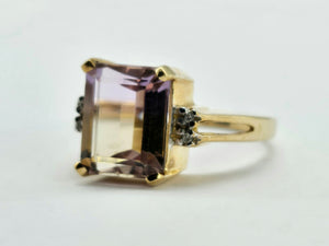 1329: Vintage: 9ct Gold Emerald Cut Ametrine Diamonds Cocktail Ring