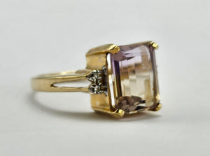 1329: Vintage: 9ct Gold Emerald Cut Ametrine Diamonds Cocktail Ring