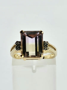 1329: Vintage: 9ct Gold Emerald Cut Ametrine Diamonds Cocktail Ring