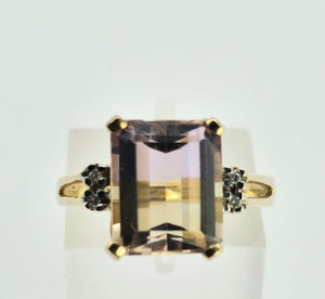 1329: Vintage: 9ct Gold Emerald Cut Ametrine Diamonds Cocktail Ring