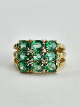 Load image into Gallery viewer, 1253: Vintage 9ct Gold Emeralds Diamonds Tiered Statement Ring- fabulous

