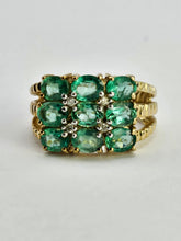 Load image into Gallery viewer, 1253: Vintage 9ct Gold Emeralds Diamonds Tiered Statement Ring- fabulous
