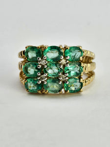 1253: Vintage 9ct Gold Emeralds Diamonds Tiered Statement Ring- fabulous