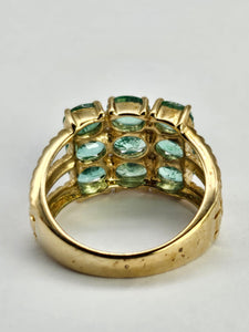 1253: Vintage 9ct Gold Emeralds Diamonds Tiered Statement Ring- fabulous