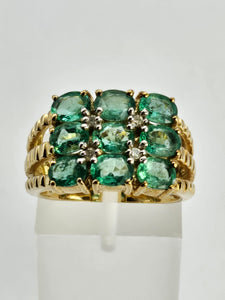 1253: Vintage 9ct Gold Emeralds Diamonds Tiered Statement Ring- fabulous