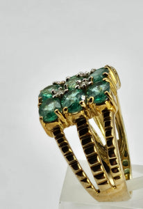 1253: Vintage 9ct Gold Emeralds Diamonds Tiered Statement Ring- fabulous