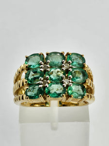1253: Vintage 9ct Gold Emeralds Diamonds Tiered Statement Ring- fabulous