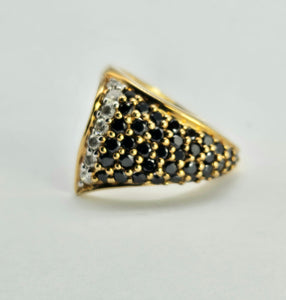 1298::Vintage: Dramatic 9ct Gold 38 Black 7 White Diamonds Statement Ring- enchanting design