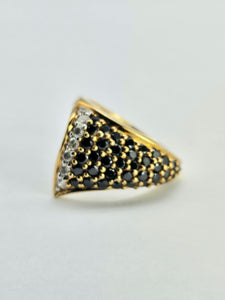 1298::Vintage: Dramatic 9ct Gold 38 Black 7 White Diamonds Statement Ring- enchanting design