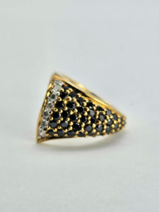 1298::Vintage: Dramatic 9ct Gold 38 Black 7 White Diamonds Statement Ring- enchanting design