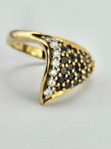 1298::Vintage: Dramatic 9ct Gold 38 Black 7 White Diamonds Statement Ring- enchanting design
