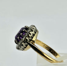 Cargar imagen en el visor de la galería, 1071: Vintage: 18ct Gold Platinum Amethyst Diamonds Cluster Ring

