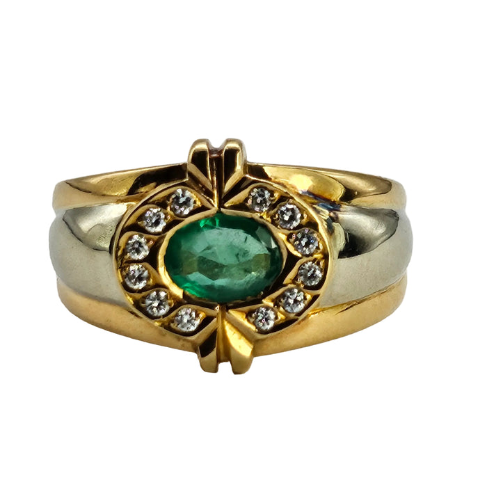6305 Vintage: 18ct Mixed Gold Emerald Diamonds Target Ring- total statement piece unisex