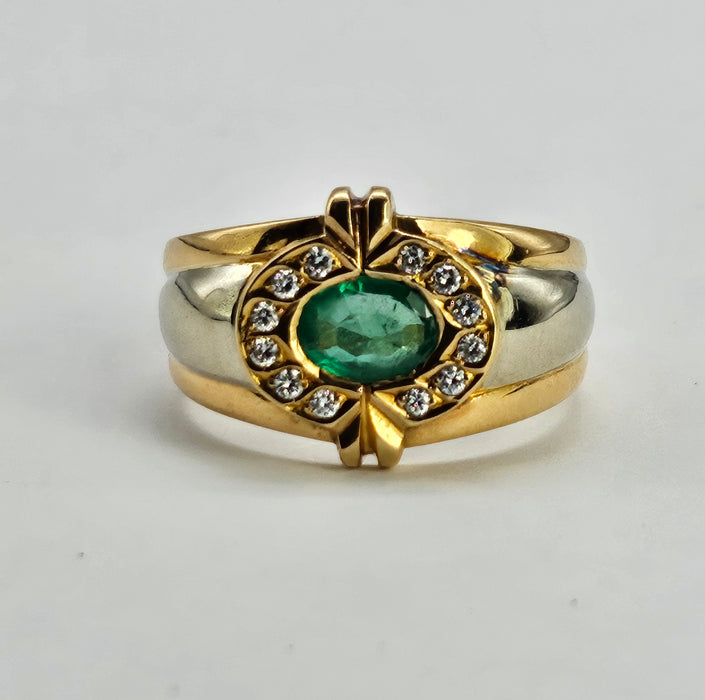 6305 Vintage: 18ct Mixed Gold Emerald Diamonds Target Ring- total statement piece unisex