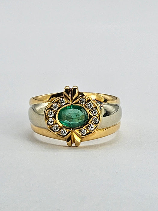 6305 Vintage: 18ct Mixed Gold Emerald Diamonds Target Ring- total statement piece unisex