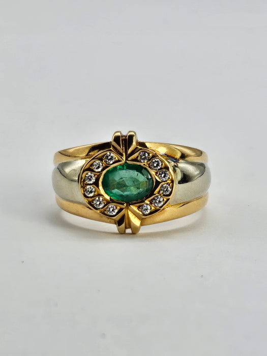 6305 Vintage: 18ct Mixed Gold Emerald Diamonds Target Ring- total statement piece unisex
