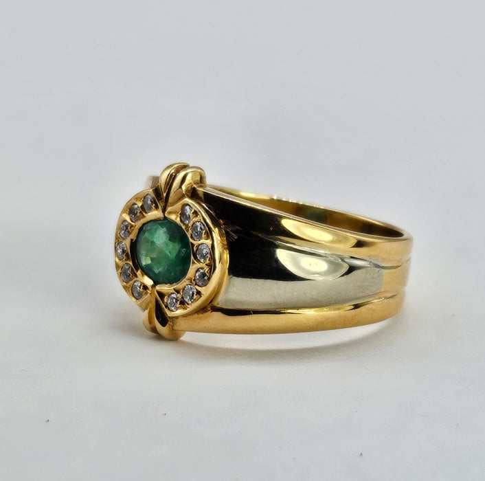 6305 Vintage: 18ct Mixed Gold Emerald Diamonds Target Ring- total statement piece unisex