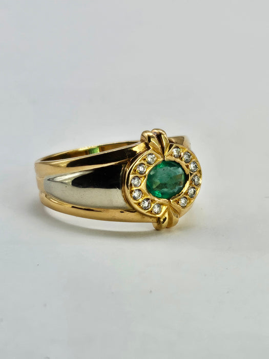 6305 Vintage: 18ct Mixed Gold Emerald Diamonds Target Ring- total statement piece unisex