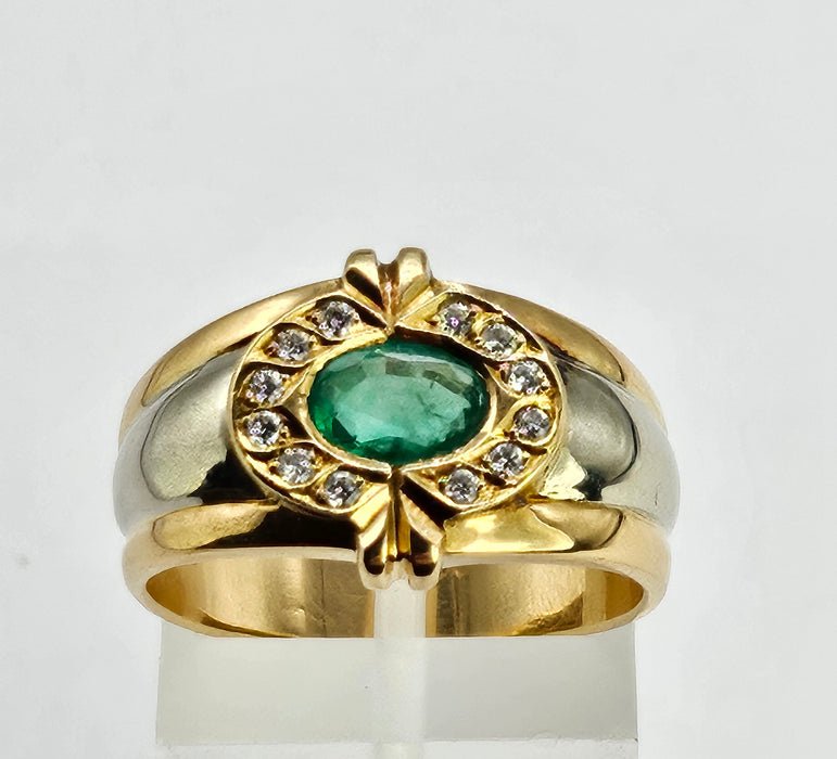 6305 Vintage: 18ct Mixed Gold Emerald Diamonds Target Ring- total statement piece unisex