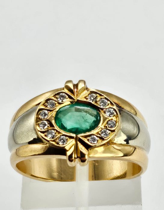 6305 Vintage: 18ct Mixed Gold Emerald Diamonds Target Ring- total statement piece unisex