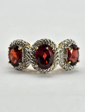 Load image into Gallery viewer, 1317: Vintage: 9ct Gold Garnets Diamonds Trilogy Ring- Statement piece
