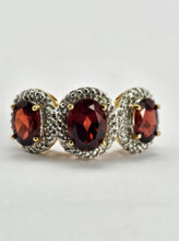 Load image into Gallery viewer, 1317: Vintage: 9ct Gold Garnets Diamonds Trilogy Ring- Statement piece
