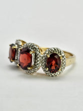 Load image into Gallery viewer, 1317: Vintage: 9ct Gold Garnets Diamonds Trilogy Ring- Statement piece
