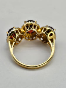 1317: Vintage: 9ct Gold Garnets Diamonds Trilogy Ring- Statement piece