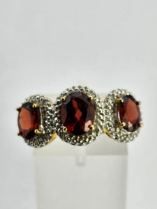 1317: Vintage: 9ct Gold Garnets Diamonds Trilogy Ring- Statement piece