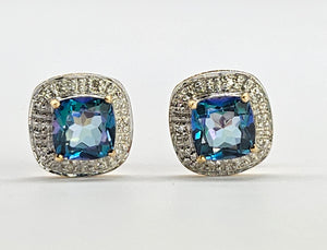 0982: Vintage: 9ct Gold Mystic Topaz 16 Diamonds Stud Earrings