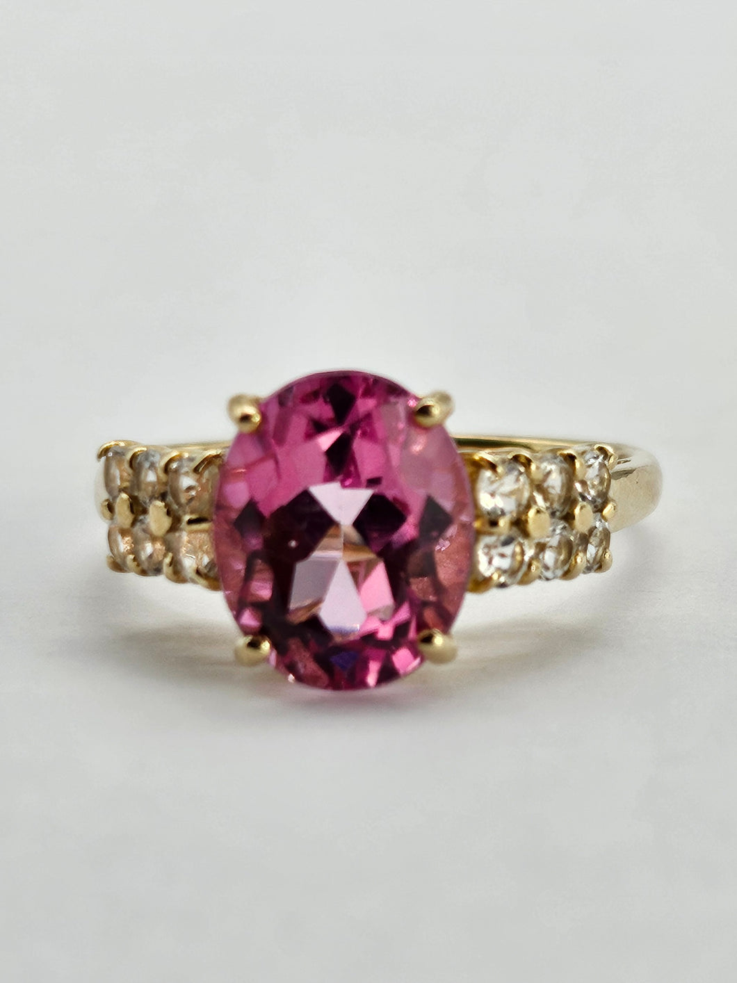 1330: Vintage: 9ct Gold Pink Topaz, Glacier Topaz, Diamonds Ring- Barbie beauty,