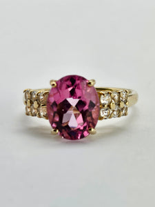 1330: Vintage: 9ct Gold Pink Topaz, Glacier Topaz, Diamonds Ring- Barbie beauty,