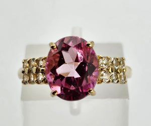 1330: Vintage: 9ct Gold Pink Topaz, Glacier Topaz, Diamonds Ring- Barbie beauty,