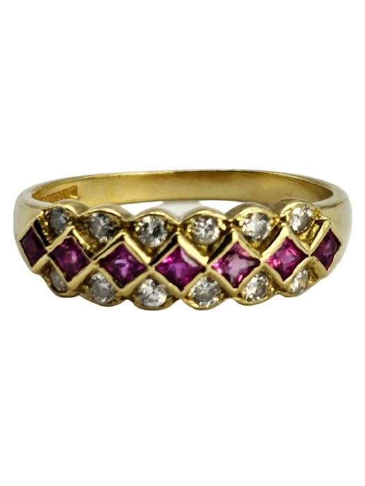 0954: Vintage 18ct three row ruby and diamond half hoop ring
