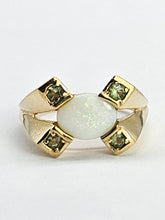 Load image into Gallery viewer, 1301: Vintage: 9ct Gold Cabochon White Opal Peridot Cocktail Ring- Lovely symmetry
