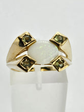 Load image into Gallery viewer, 1301: Vintage: 9ct Gold Cabochon White Opal Peridot Cocktail Ring- Lovely symmetry
