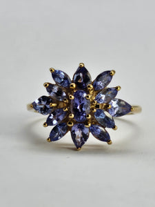 1065: Vintage: 9ct Gold Violet Blue Tanzanites Flower Cluster Ring