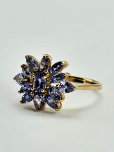 1065: Vintage: 9ct Gold Violet Blue Tanzanites Flower Cluster Ring