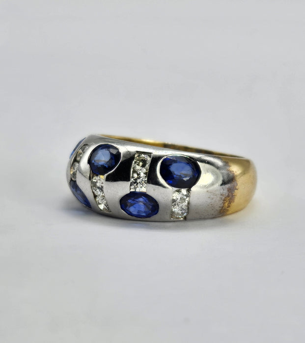 6094 Vintage: 18ct Mixed Gold "Bombe" Statement Blue Sapphires Diamonds "bombe" Ring
