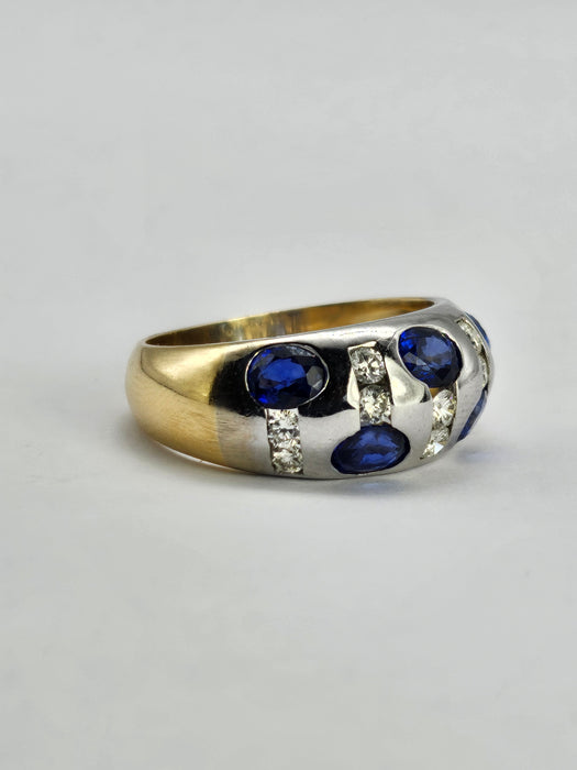 6094 Vintage: 18ct Mixed Gold "Bombe" Statement Blue Sapphires Diamonds "bombe" Ring