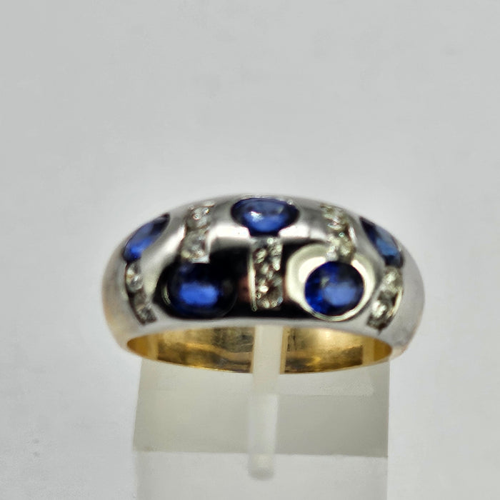 6094 Vintage: 18ct Mixed Gold "Bombe" Statement Blue Sapphires Diamonds "bombe" Ring