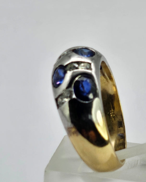 6094 Vintage: 18ct Mixed Gold "Bombe" Statement Blue Sapphires Diamonds "bombe" Ring