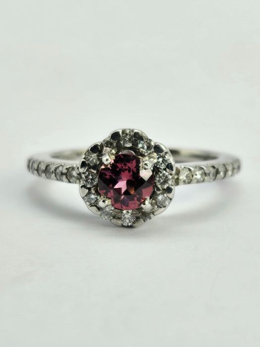 6506 Vintage: 18ct White Gold Rhodolite Garnet & Diamond Halo Ring — From 2009