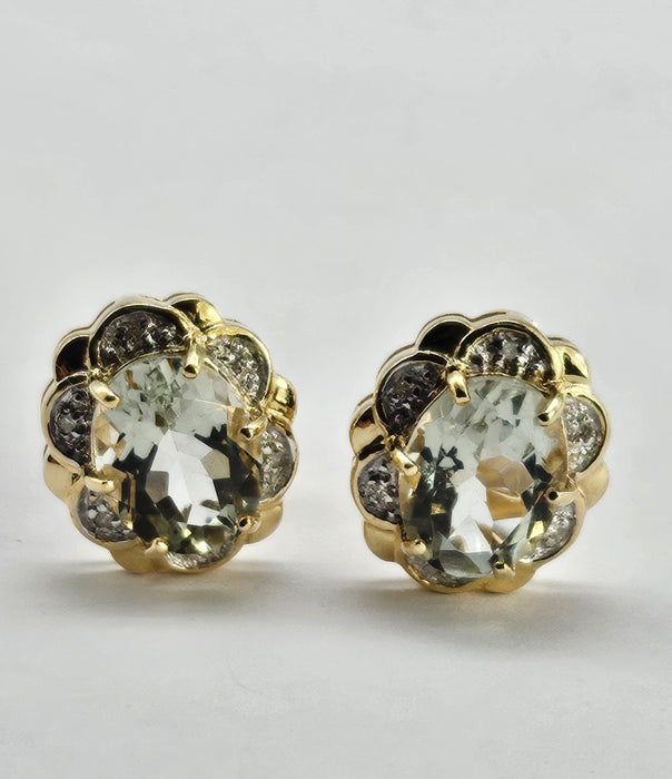 0780: Vintage: 9ct Gold Praisiolite (Green Amethyst) Diamonds Earrings