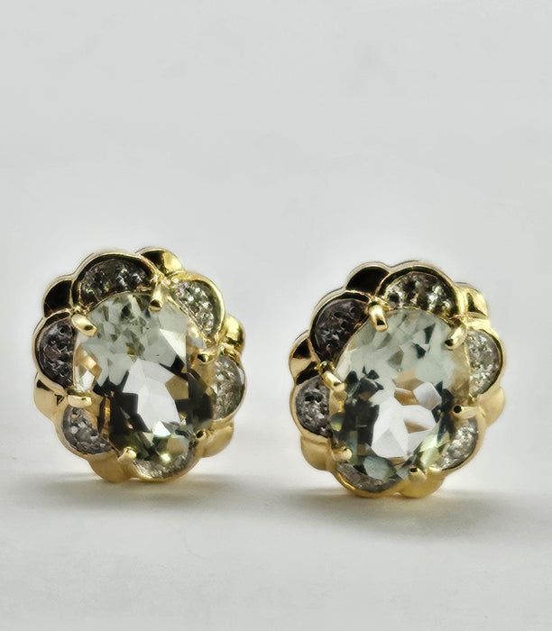 0780: Vintage: 9ct Gold Praisiolite (Green Amethyst) Diamonds Earrings