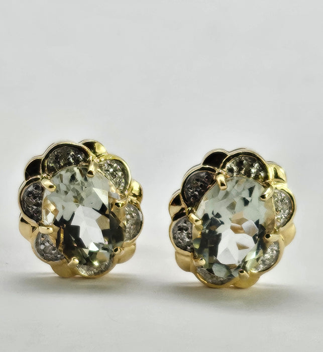 0780: Vintage: 9ct Gold Praisiolite (Green Amethyst) Diamonds Earrings